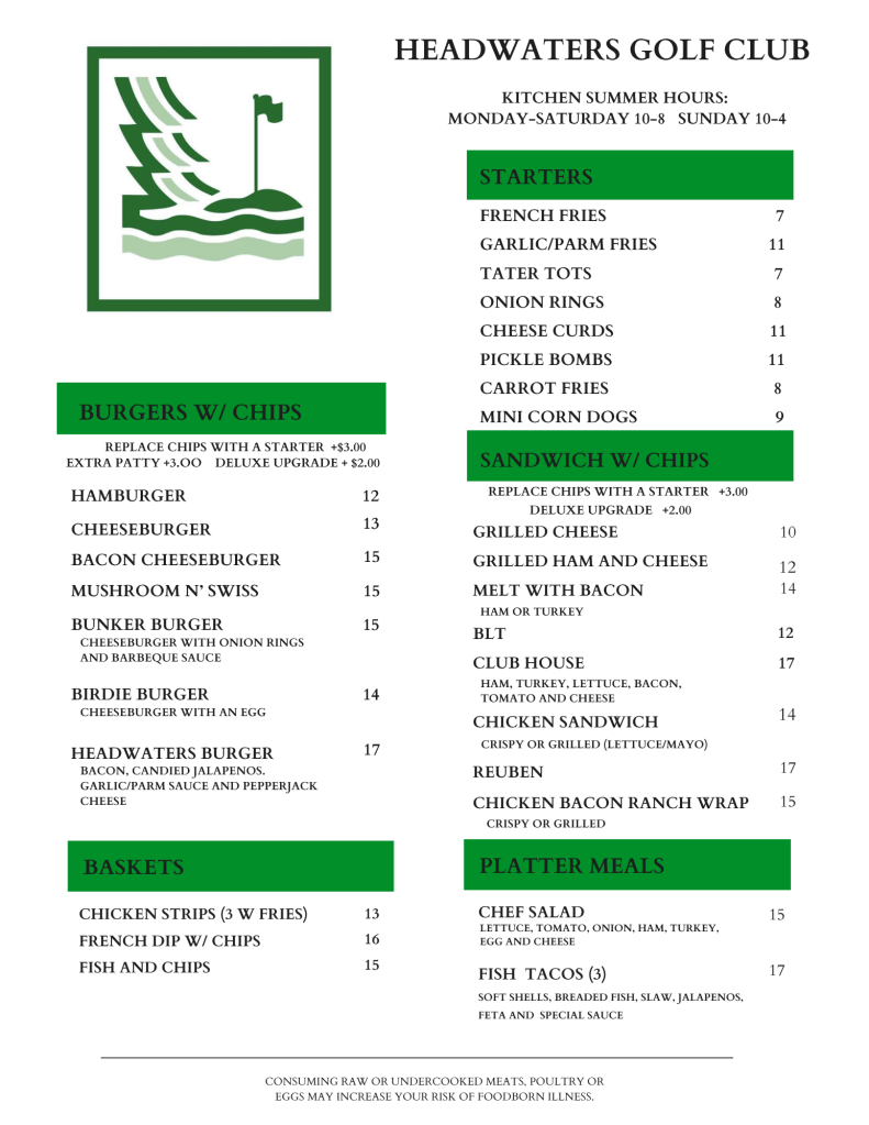 Headwaters Golf Club Bar and Grill Menu 2026